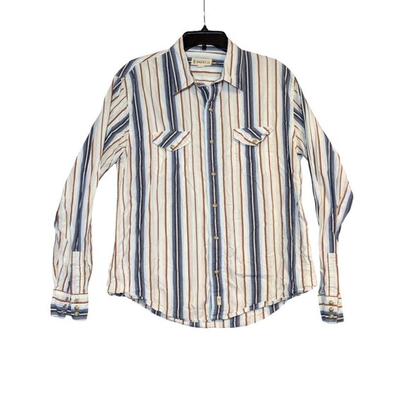 Bke67 Striped Long Sleeve "pearl" snap Shirt L Beige Blue Red Cotton - Picture 1 of 7